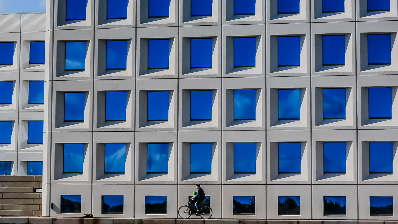 Bürofassade mit blauen Fenstern und Radfahrer — Martina Ziegler